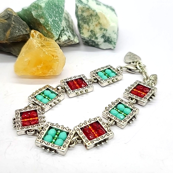 Brighton "BEDAZZLED" Red & Turquoise Crystal Beads & Heart Charm Link Bracelet! - Picture 5 of 10